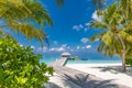 Maldives island beach with wooden jetty, pier on tropical landscape with beach swing or hammock over the water. Luxury hotel Royalty Free Stock Photo