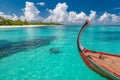 Maldives perfect beach landscape with Dhoni and tropical island background Royalty Free Stock Photo