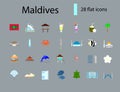 Maldives islands attractions flat icons set. Tropical resort. Capital Male. Coral islands. Isolated vector illustration