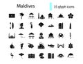 Maldives islands attractions glyph icons set. Tropical resort. Water bungalow. Marine life. Isolated vector illustration
