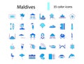 Maldives islands attractions outline icons set. Tropical resort. Capital Male. Isolated vector stock illustration