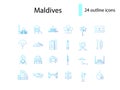 Maldives islands outline icons set. Famous sightseeings. Tropical resort. Isolated vector stock illustration