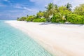 Tropical beach blue sea and palm trees and white sand on the Maldives island. Summer travel destination Royalty Free Stock Photo