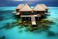 Maldives luxury water villas resort, wooden pier, captured from above
