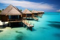 Maldives luxury water villas resort, wooden pier, captured from above