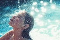 Maldives or Miami beach. Beauty of woman is moisturized in bath. cute woman on Caribbean sea in Bahamas. Summer vacation Royalty Free Stock Photo