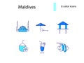 Maldives outline icons set. Beach umbrella and coconut coctail drink. Islam center in Male. Isolated vector illustration