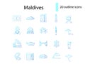 Maldives outline icons set. Water bungalow. Exotic resort. Bungalow and fish. Isolated vector illustration