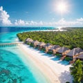 Maldives paradise background. Tropical aerial landscape, seascape with long pier, water villas, amazing sea Royalty Free Stock Photo