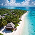 Maldives paradise background. Tropical aerial landscape, seascape with long pier, water villas, amazing sea Royalty Free Stock Photo