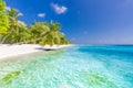 Maldives paradise beach. Perfect tropical island. Beautiful palm trees and tropical beach. Moody blue sky and blue lagoon Royalty Free Stock Photo