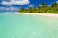 Maldives paradise beach. Perfect tropical island. Beautiful palm trees and tropical beach. Moody blue sky and blue lagoon. Luxury Royalty Free Stock Photo