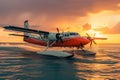 Maldives seaplane Sunset landing scene over azure waters, luxury travel