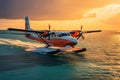 Maldives seaplane Sunset landing scene over azure waters, luxury travel