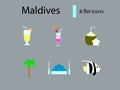 Maldives specialty flat icons set. Exotic coctail and coconut drink. King Salman Mosque. Isolated vector illustration