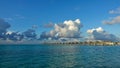 Maldives, sunny day. A row of water villas stands in the turquoise ocean. Royalty Free Stock Photo