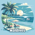 A Maldives tropical beach scene with a palm tree and a boat Royalty Free Stock Photo