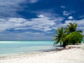 Maldives tropical islands panoramic scene, idyllic beach palm tree vegetation and clear water Indian ocean sea, tourist resort Royalty Free Stock Photo