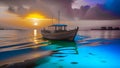 Maldives. View of a fishing boat at sunset