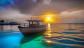 Maldives. View of a fishing boat at sunset