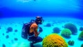 Maldives. A view of the underwater world and a scuba diver Royalty Free Stock Photo