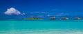 Maldives water bungalows panorama under the blue sky Royalty Free Stock Photo