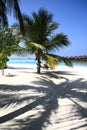 Maldivian Island Resort Beach Palm Trees, Seats and Pacific Ocean. Royalty Free Stock Photo