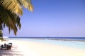 Maldivian Island Resort and Palm Trees with Pacific Ocean in the Royalty Free Stock Photo