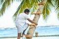 Maldivian muslim man in national clothes climbing palm tree