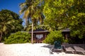 Maldivian resort huts and sunbeds on the beach