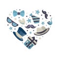 Male accessories in heart shape. Banner, poster, card with bowtie, gift bow, hat, glasses and mustache print cartoon