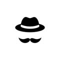 Male accessory hat and mustache. Black icon isolated on white background. Vector illustration. Elegant logo design for men store Royalty Free Stock Photo