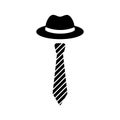 Male accessory hat and tie. Black icon isolated on white background. Vector illustration. Elegant logo design for men store Royalty Free Stock Photo