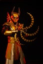 a male actor in a suit of an Egyptian mythology character, the golden deity Jackal Anubis