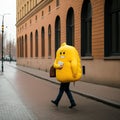 a man in a banana costume walking down the street holding coffee