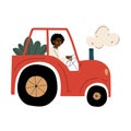 Male African American Farmer Driving Tractor with Seedlings Vector Illustration