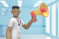 Male african doctor in medical interior hospital is shouting, shouting, speaking megaphone, attention, warning. Cartoon person. 3D Royalty Free Stock Photo