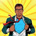 Male afro american businessman superhero pop art retro vector illustration. Royalty Free Stock Photo