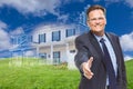 Male Agent Reaching for Hand Shake in Front of Ghosted New House