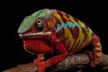 Male Ambilobe panther chameleon on a branch on a black background