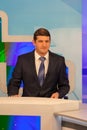 Male anchorman in tv studio. Live broadcasting Royalty Free Stock Photo