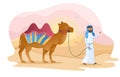 Male arab character is walking his camel through desert