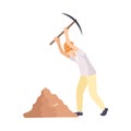 Male Archaeologist Scientist Character in Protective Hat Working on Excavations with Pickaxe Flat Vector Illustration Royalty Free Stock Photo