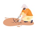 Male Archaeologist Scientist Character Working on Excavations with Pickaxe Flat Vector Illustration