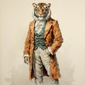 Vintage Watercolored Tiger In Coat And Beard - Classic Americana Illustration