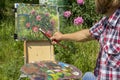 Male Artist Paint On Plein Air Flowers Pink Peonies Painting On Nature