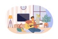 Male artist playing and practicing instrument sings song cat listen music sitting next to owner