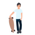 Asian student standing with longboard.