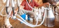 Male asian milker milking a cow with a milking machine livestock barn. Local farm. Close, wide angle. Food culture Royalty Free Stock Photo