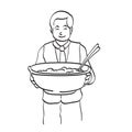 Male asian waiter holding big bowl of noodles illustration vector hand drawn isolated on white background line art Royalty Free Stock Photo